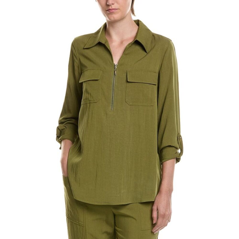 Anne Klein Womens Petite Half Zip Collar Shirt, Green